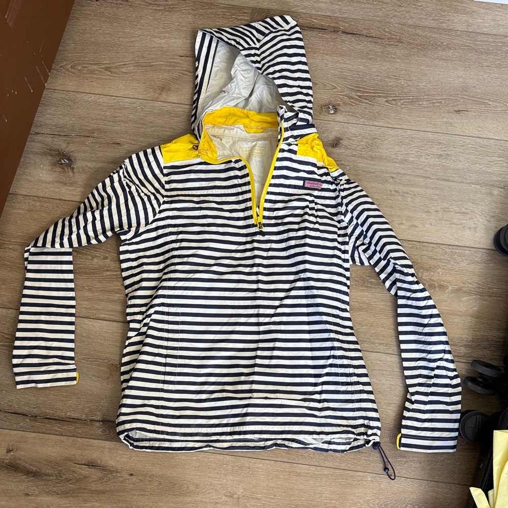 Striped Hooded Rain Jacket with Yellow Accents